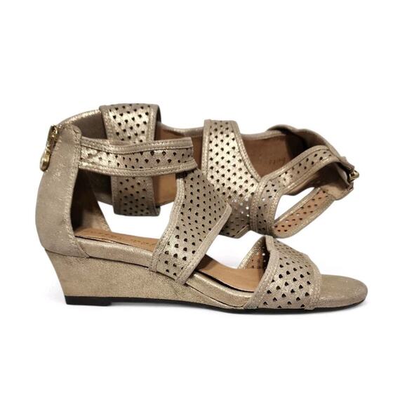 Bettye Muller Concept Shoes - Bettye Muller Concept Gold Comfort Womens Size 6 Leather Wedge Perforated Sandal